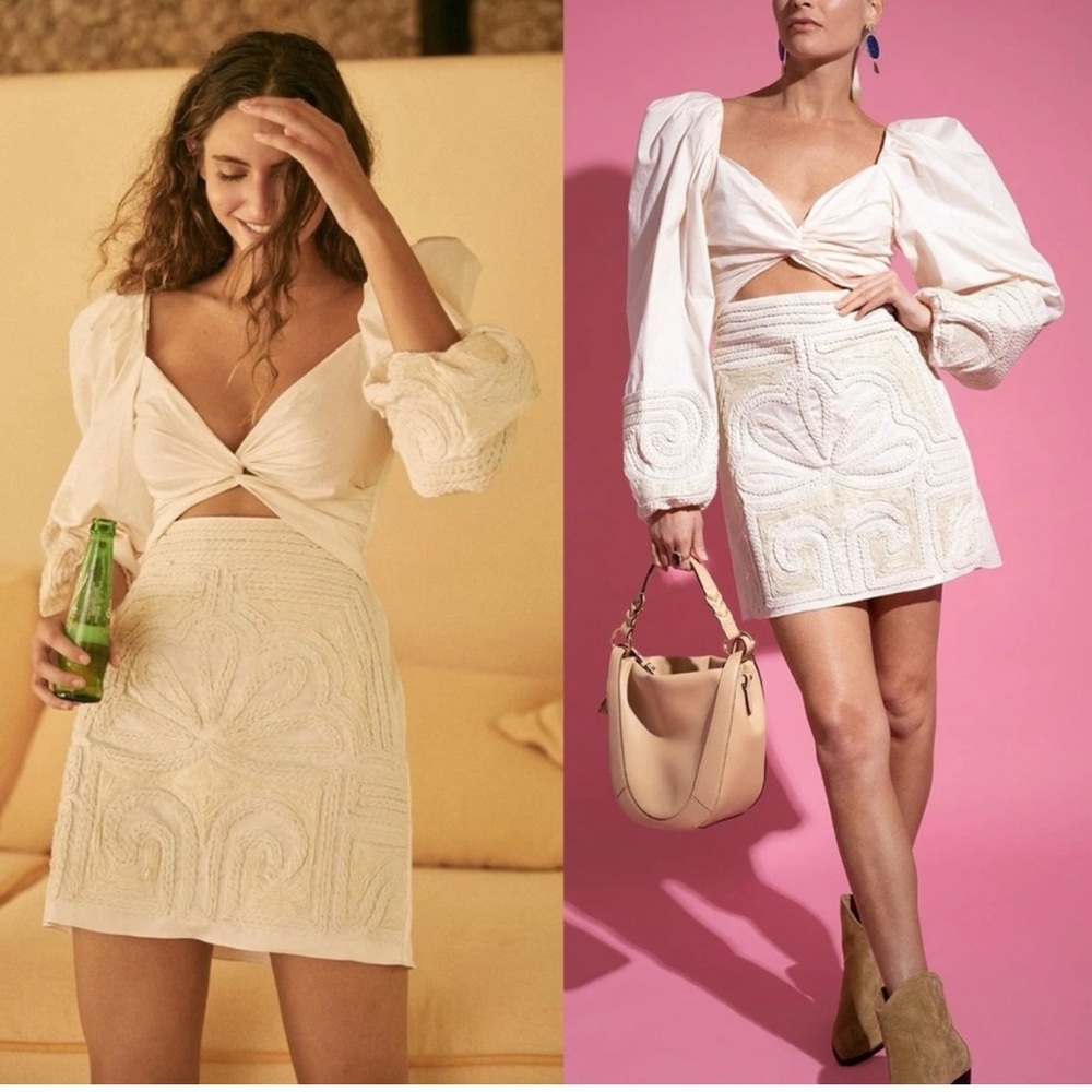 Johanna Ortiz Cream Twisted Cutout Mini Dress with Embroidered Skirt